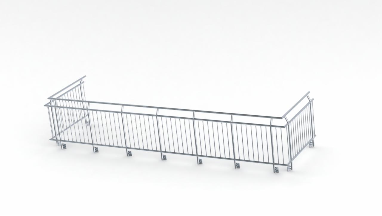 Metalowa balustrada balkonowa z pionowymi prętami, spawana, na białym tle, widok z góry.