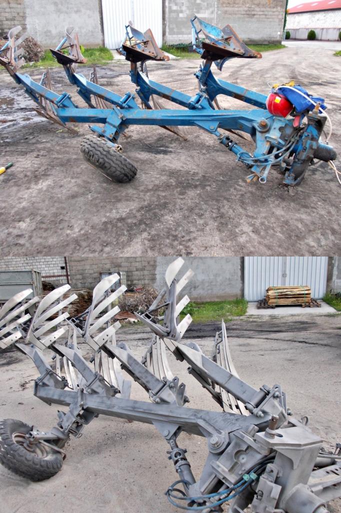 Dwie odmienne, wieloskibowe brony talerzowe: niebieska i szara, stojące na betonowej powierzchni na zewnątrz budynku. Urządzenia rolnicze.