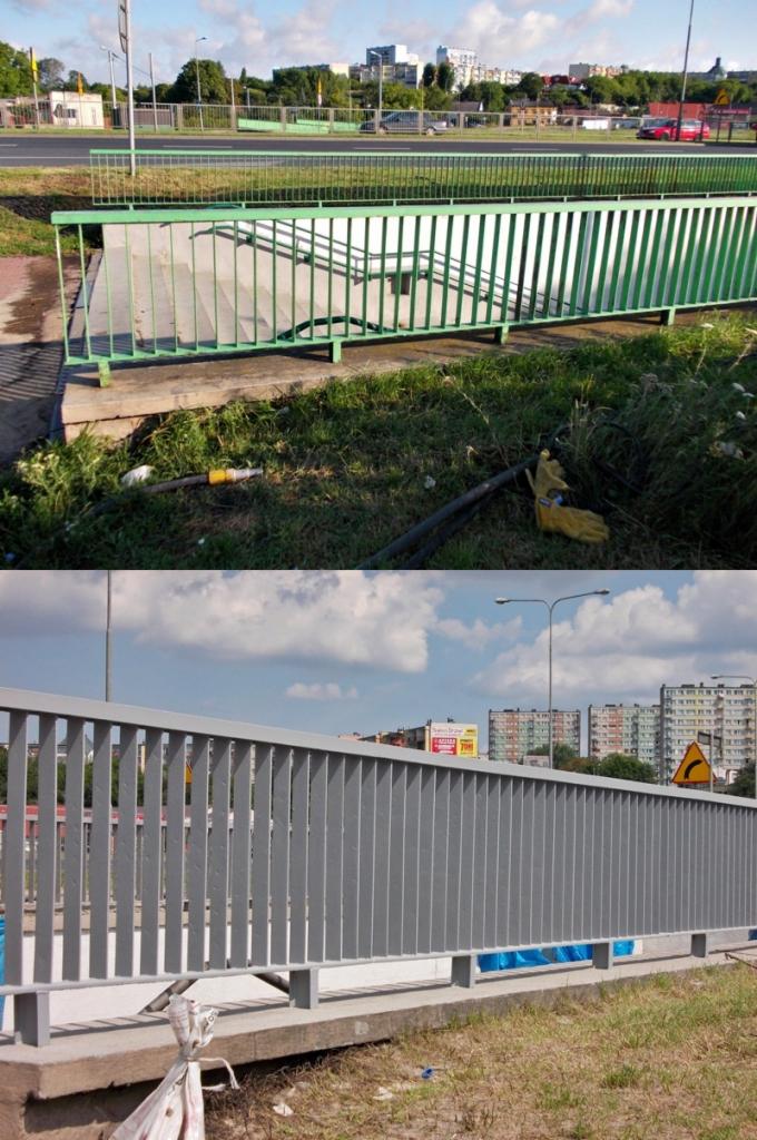 Porównanie czystości: zielona, zabrudzona barierka schodów w kontraście z szarą, odnowioną. Widoczne otoczenie miejskie i narzędzia.