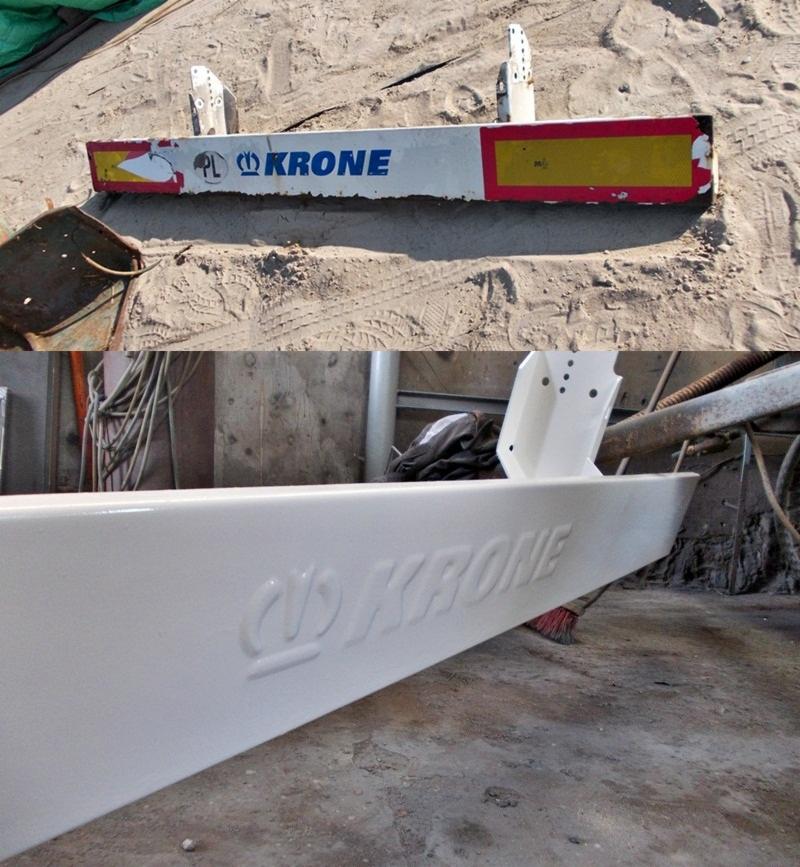 Odnowiony element naczepy Krone: porównanie stanu przed (zabrudzony piaskiem) i po (świeżo pomalowany na biało) renowacji. Widoczne detale i logo.