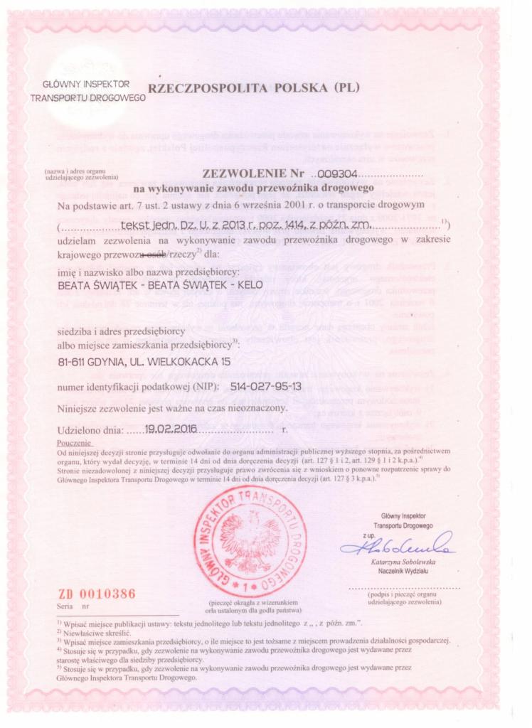 Zeskanowane zezwolenie na wykonywanie zawodu przewoźnika drogowego, wydane przez Głównego Inspektora Transportu Drogowego z datą 19.02.2016, z pieczęcią i podpisem.