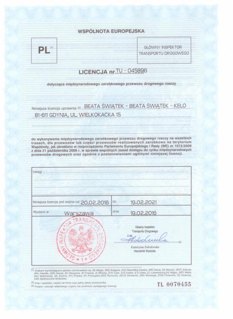 Skan licencji transportowej z 2016 roku, wydanej w Warszawie, uprawniającej do międzynarodowego zarobkowego przewozu drogowego rzeczy na terenie UE.