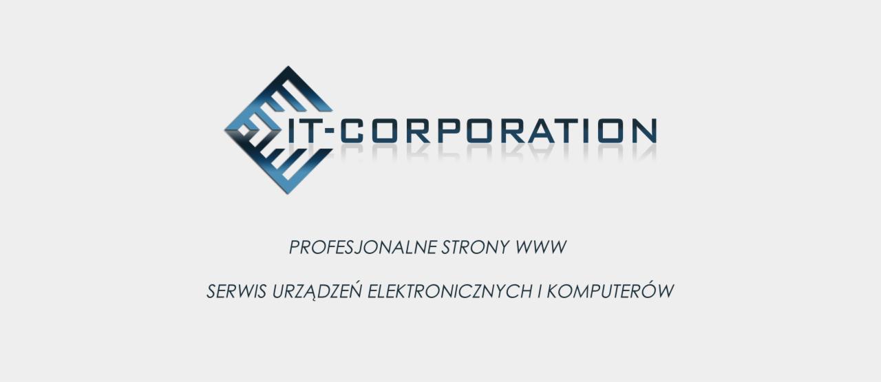 Logo firmy IT-Corporation z hasłem 'Profesjonalne strony WWW' i 'Serwis urządzeń elektronicznych i komputerów' na jasnoszarym tle.