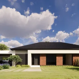 Wizualizacja parterowego domu z czarnym dachem i białymi elementami, garażem z boku i zadbanym trawnikiem. Projekt w nowoczesnym stylu.