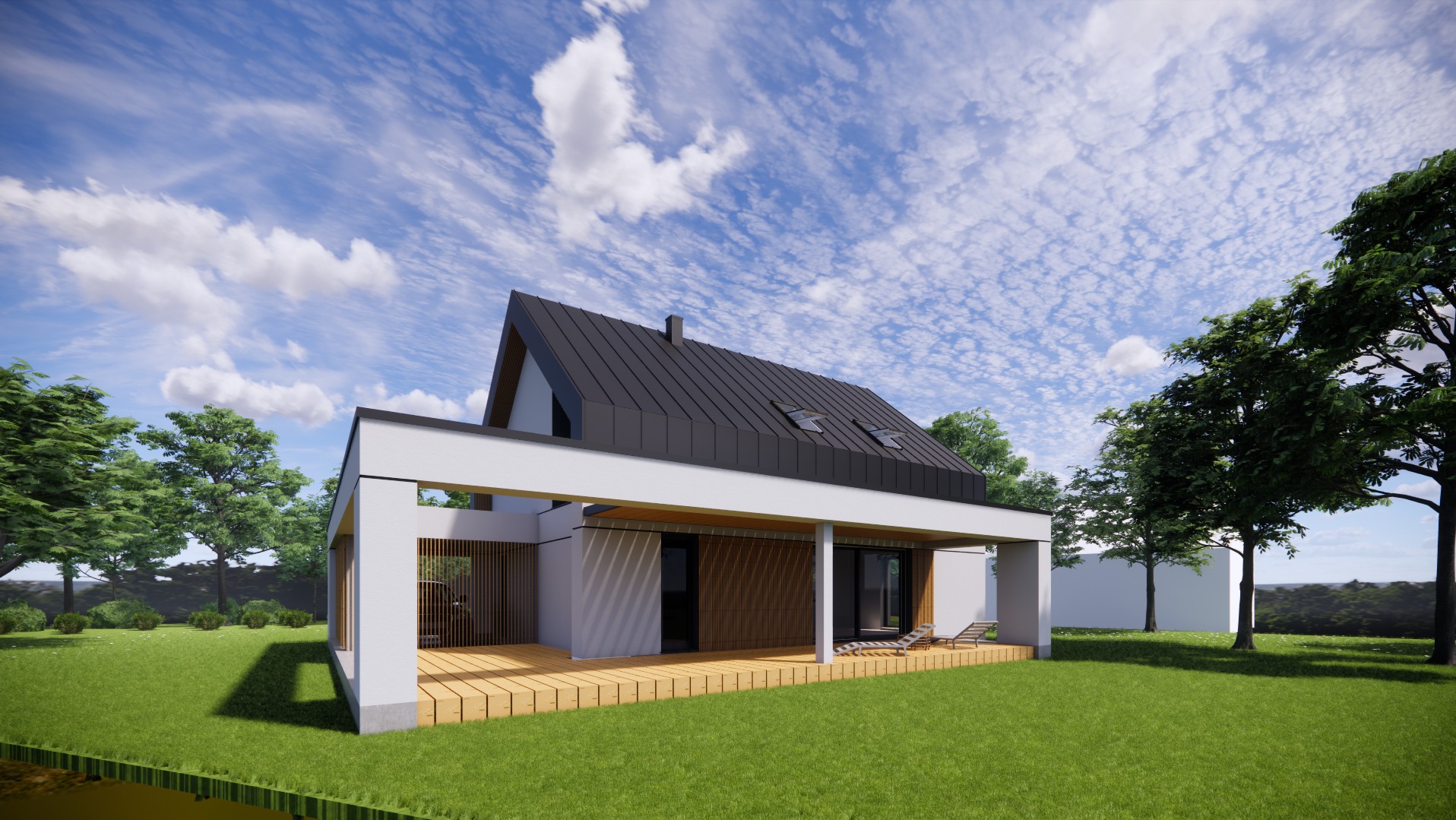 Wizualizacja nowoczesnego domu jednorodzinnego z wiatą, dach dwuspadowy w kolorze grafitowym, białe ściany, drewniany taras, widok z zewnątrz, błękitne niebo z chmurami w tle.