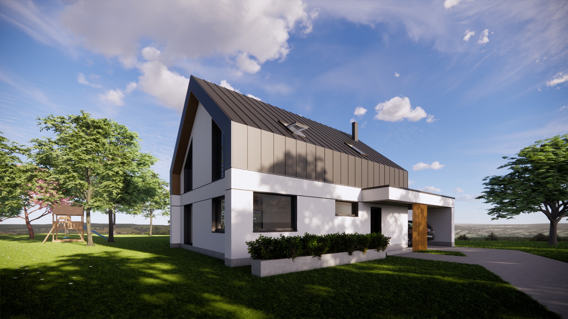 Wizualizacja nowoczesnego, dwukondygnacyjnego domu jednorodzinnego z wiatą na samochód, grafitowym dachem dwuspadowym i białymi ścianami, otoczonego zielonym trawnikiem i drzewami.