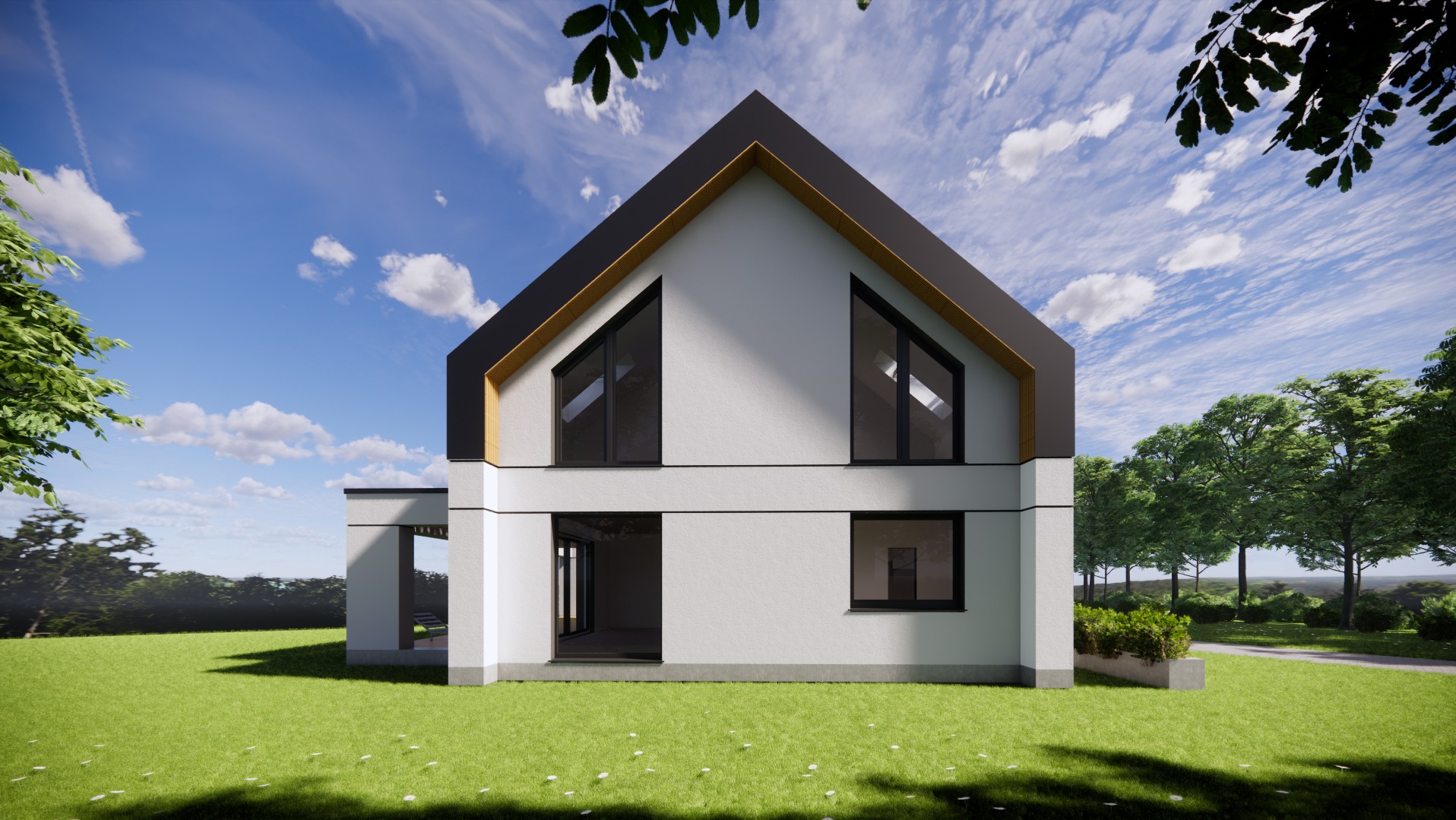 Wizualizacja dwukondygnacyjnego budynku mieszkalnego jednorodzinnego z płaskim dachem i wiatą, nowoczesna bryła z dużymi oknami, otoczonego zielonym trawnikiem i drzewami pod błękitnym niebem.