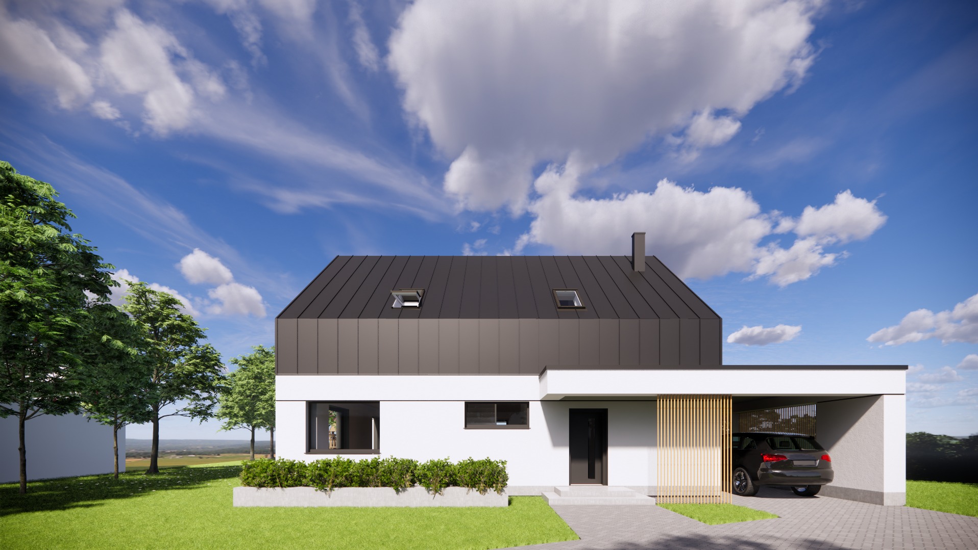 Wizualizacja nowoczesnego domu jednorodzinnego z płaskim dachem i wiatą na samochód, widok z zewnątrz w słoneczny dzień.