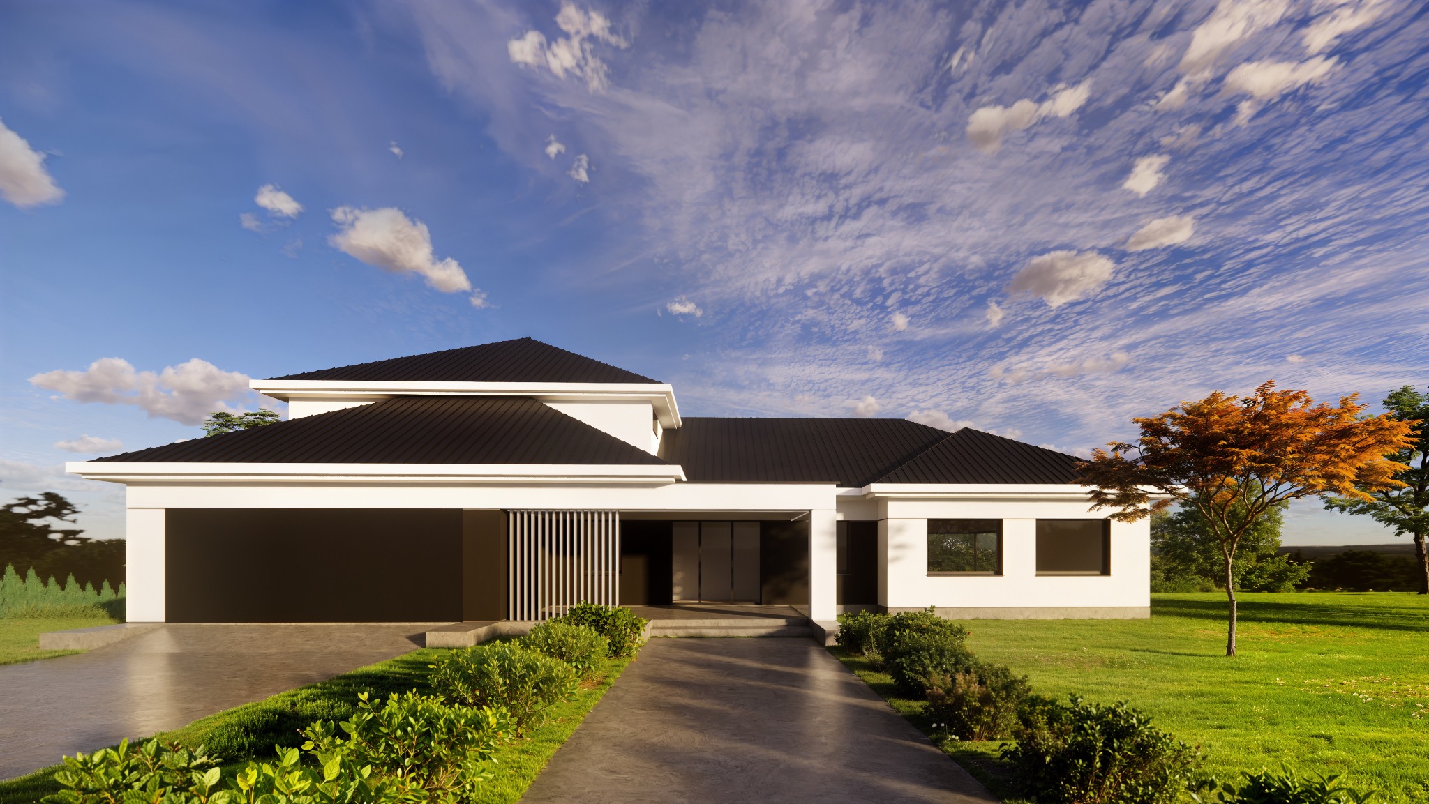 Nowoczesny dom jednorodzinny z płaskim dachem i garażem, widok z zewnątrz na tle błękitnego nieba z chmurami, z ozdobnym drzewem z prawej strony