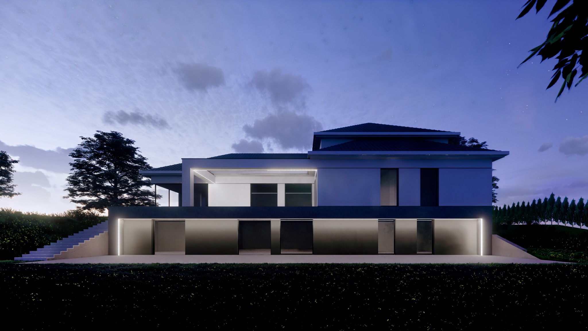 Nowoczesny dom jednorodzinny z oświetleniem LED podkreślającym architekturę, widoczny w nocy z przestrzenią rekreacyjną w piwnicy i schodami prowadzącymi do ogrodu, na tle gwiaździstego nieba.