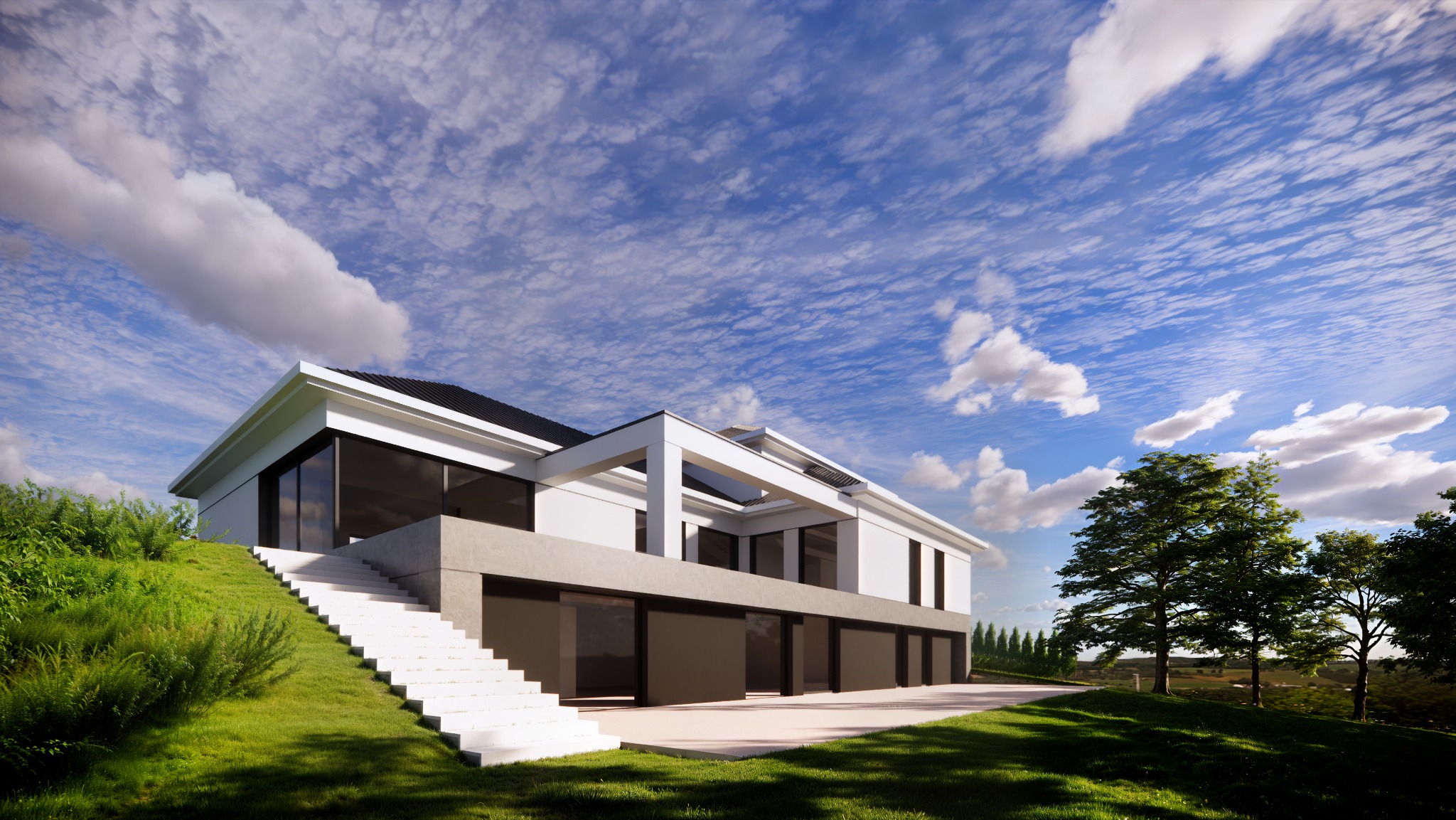 Nowoczesny dom jednorodzinny z białymi schodami prowadzącymi na zielony trawnik, z piwnicą i przestrzenią rekreacyjną, pod błękitnym niebem z chmurami.