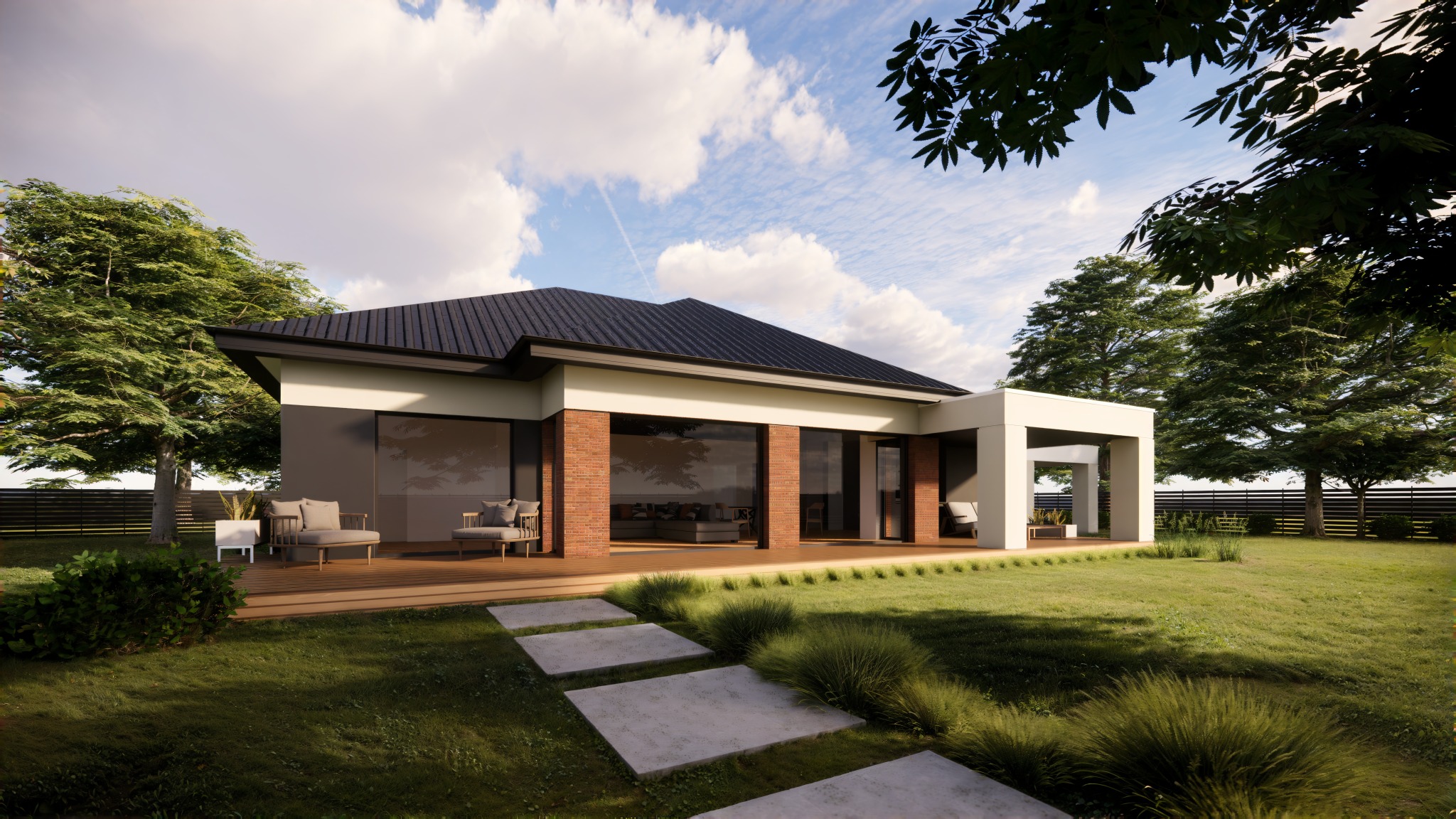 Wizualizacja parterowego domu z ceglaną elewacją i dużymi przeszkleniami, otoczonego zielonym trawnikiem i ścieżką z płyt.