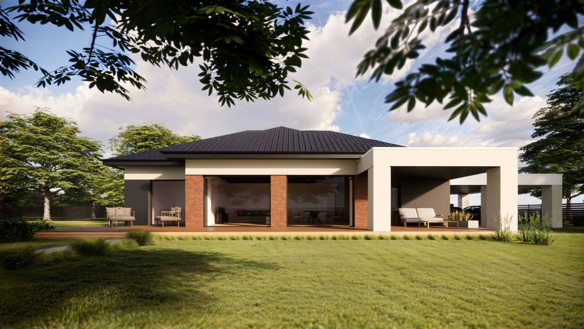 Elegancki, parterowy dom z płaskim dachem, zadaszonym tarasem i dużymi przeszkleniami, otoczony zielonym trawnikiem i drzewami. Nowoczesna architektura.