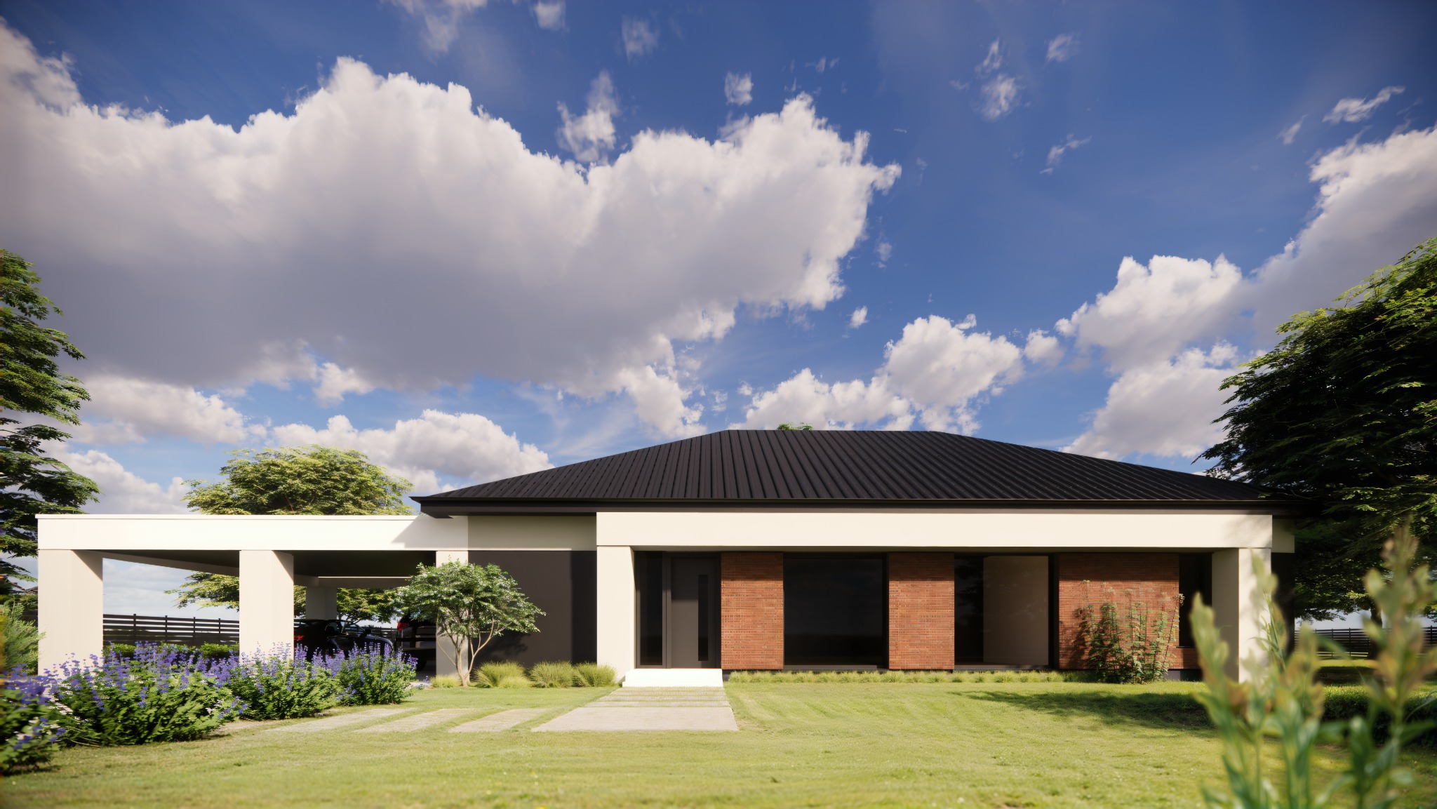 Wizualizacja parterowego domu z czarnym dachem i białymi elementami, garażem z boku i zadbanym trawnikiem. Projekt w nowoczesnym stylu.