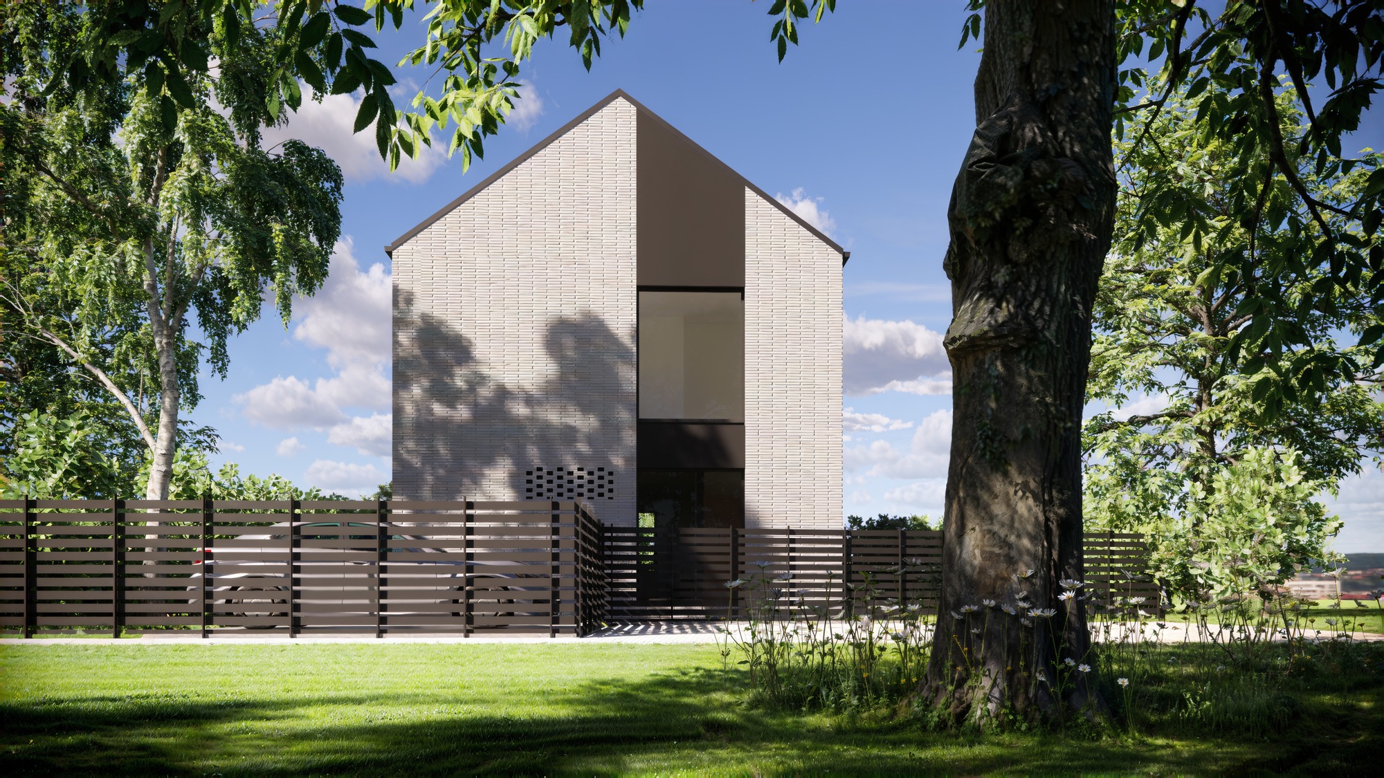 Wizualizacja domu jednorodzinnego z jasnej cegły, z dużym oknem i ciemnym pasem na fasadzie. W tle błękitne niebo z chmurami i zieleń drzew. Na pierwszym planie płot i trawnik.