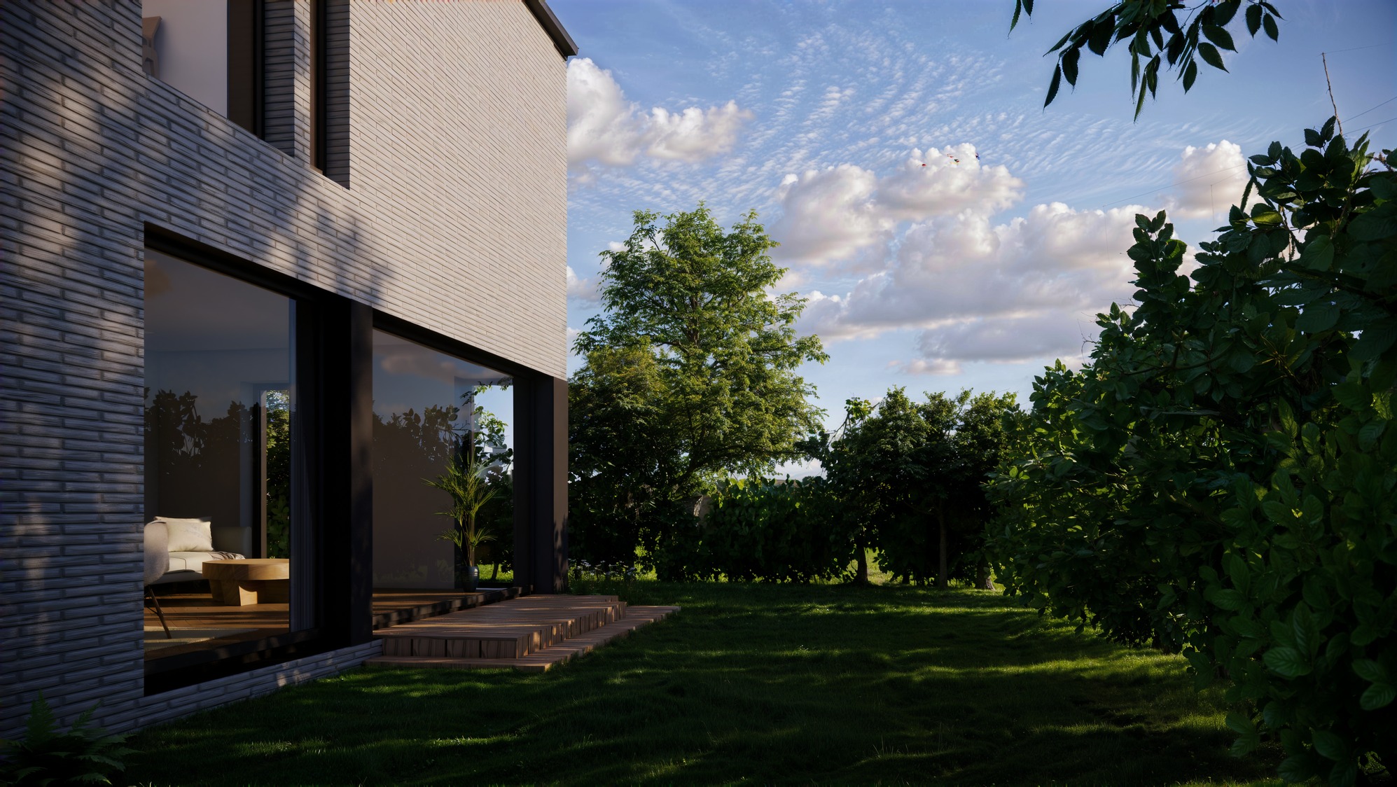 Wizualizacja nowoczesnego domu z dużymi oknami, tarasem z drewna i zadbanym trawnikiem w słoneczny dzień. Widok z zewnątrz, ceglana elewacja.