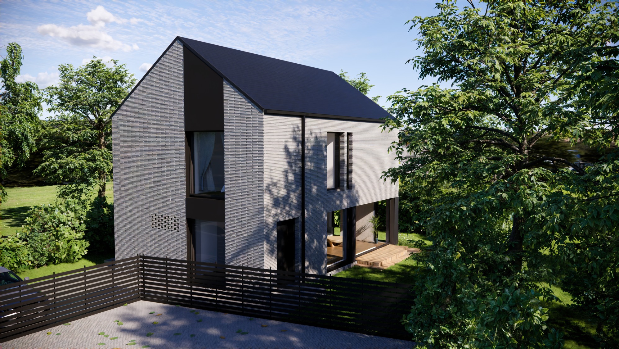 Wizualizacja nowoczesnego, dwukondygnacyjnego domu z szarej cegły, z czarnym dachem i stolarką okienną, otoczonego zielenią i ogrodzeniem panelowym.