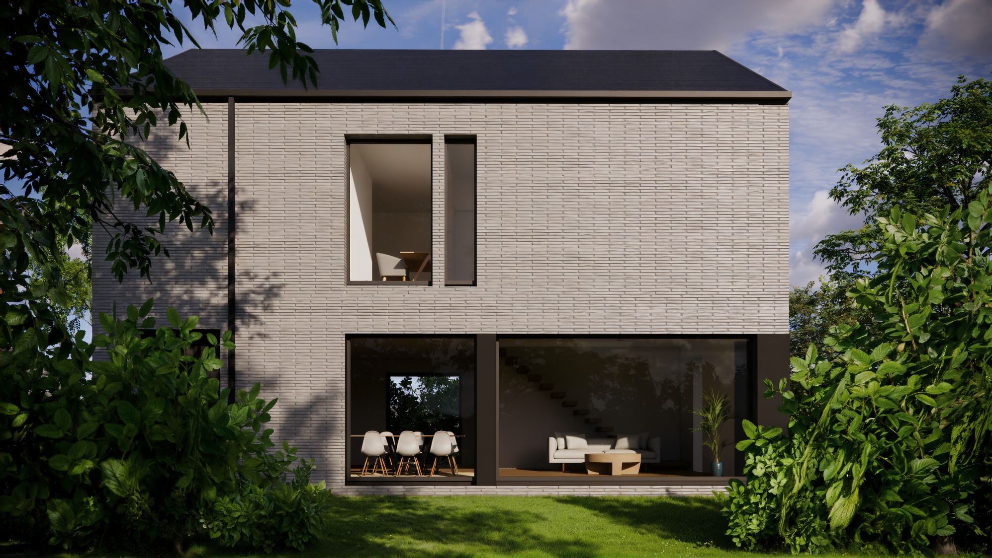 Nowoczesny dom z cegły klinkierowej, duże okna z widokiem na wnętrze: jadalnię i salon. Zieleń wokół budynku. Minimalistyczny design.