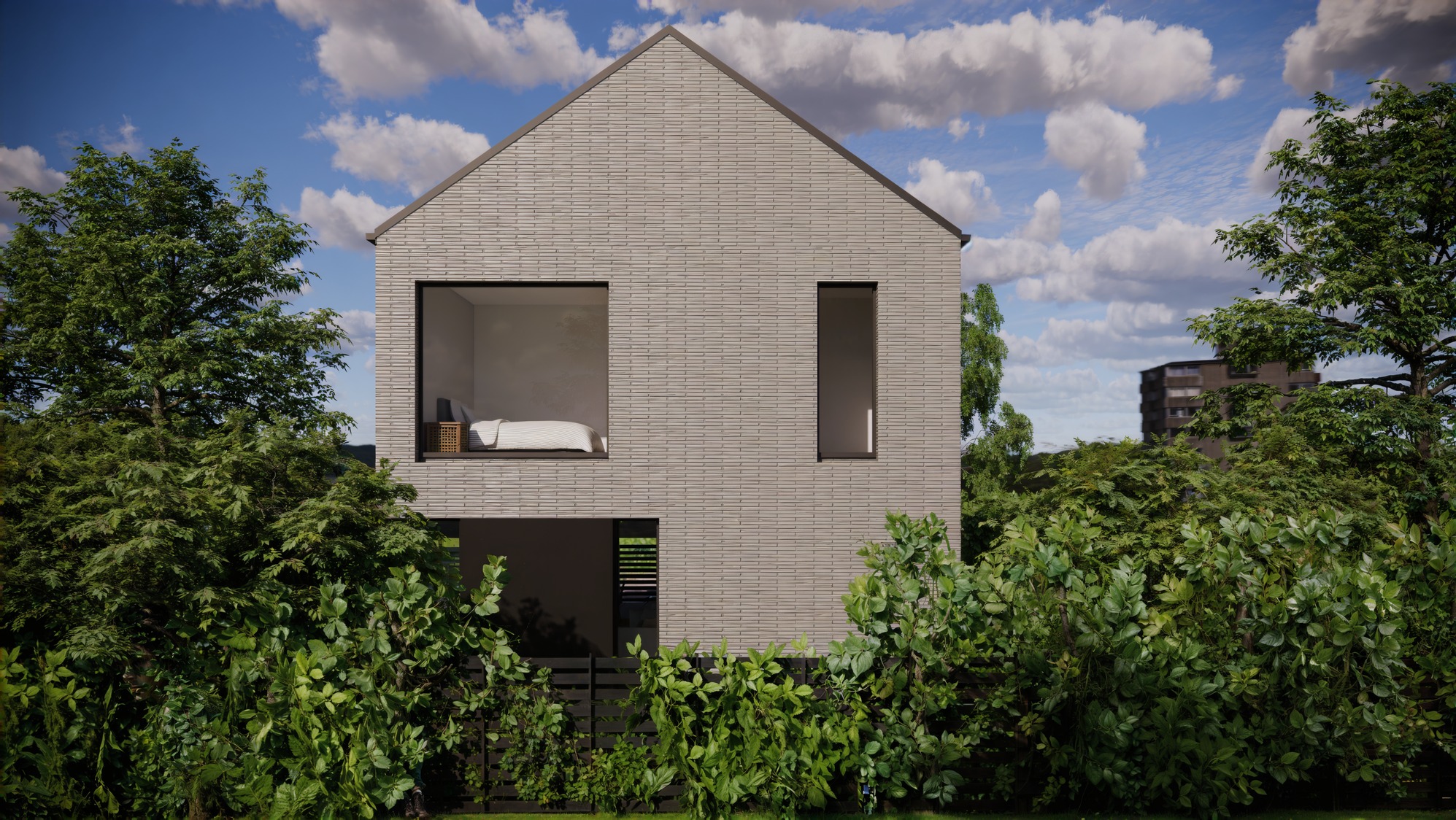 Minimalistyczny dom z szarej cegły, otoczony zielenią. W oknach widoczne wnętrze sypialni. Błękitne niebo z chmurami w tle. Nowoczesna architektura w naturalnym krajobrazie.