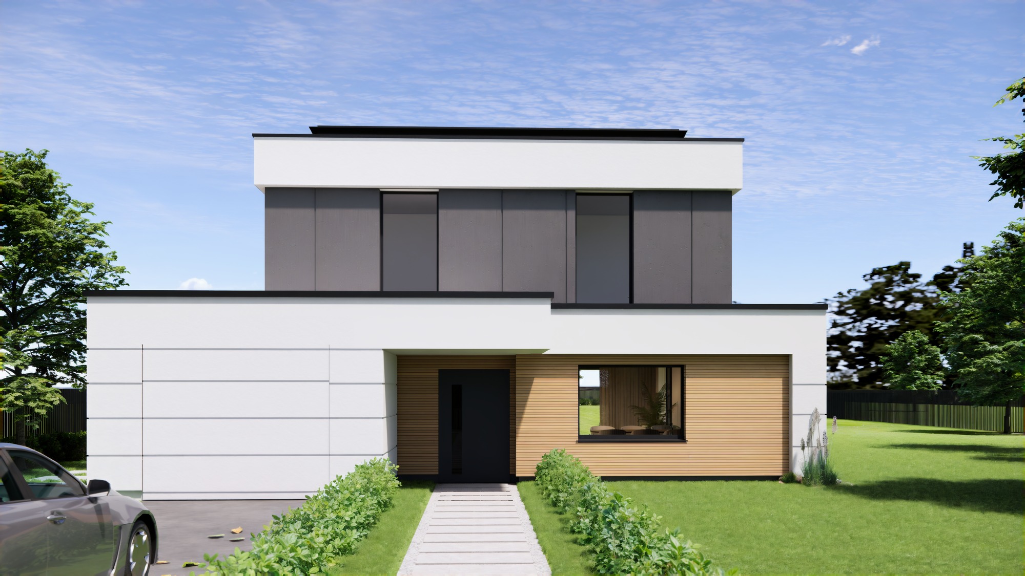 Nowoczesny dom dwukondygnacyjny z płaskim dachem, wykończony białym i szarym tynkiem oraz drewnem. Widok na fasadę, ścieżkę i zadbany trawnik. Błękitne niebo.