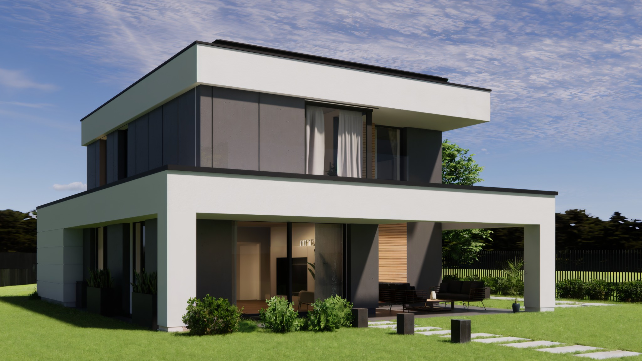 Wizualizacja nowoczesnego, dwukondygnacyjnego domu z płaskim dachem, szarymi panelami i białymi elementami konstrukcyjnymi. Widoczny taras, trawnik i fragment ogrodu.