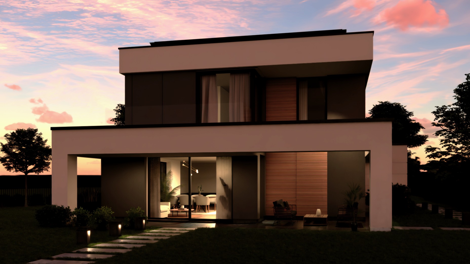 Nowoczesny, dwukondygnacyjny dom z płaskim dachem, oświetlony ścieżką i wnętrzem, na tle pastelowego nieba o zmierzchu. Minimalistyczny design z elementami drewna.