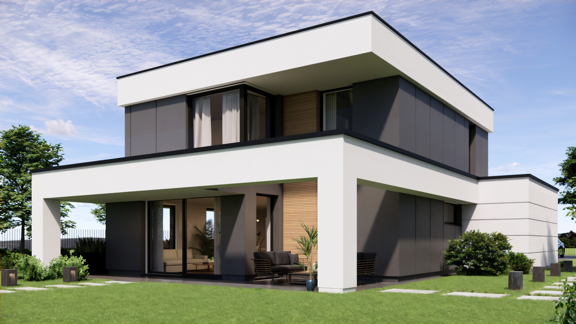 Wizualizacja nowoczesnego, dwukondygnacyjnego domu z płaskim dachem i dużymi przeszkleniami. Elewacja w odcieniach szarości i bieli, otoczona zielonym trawnikiem i roślinnością.