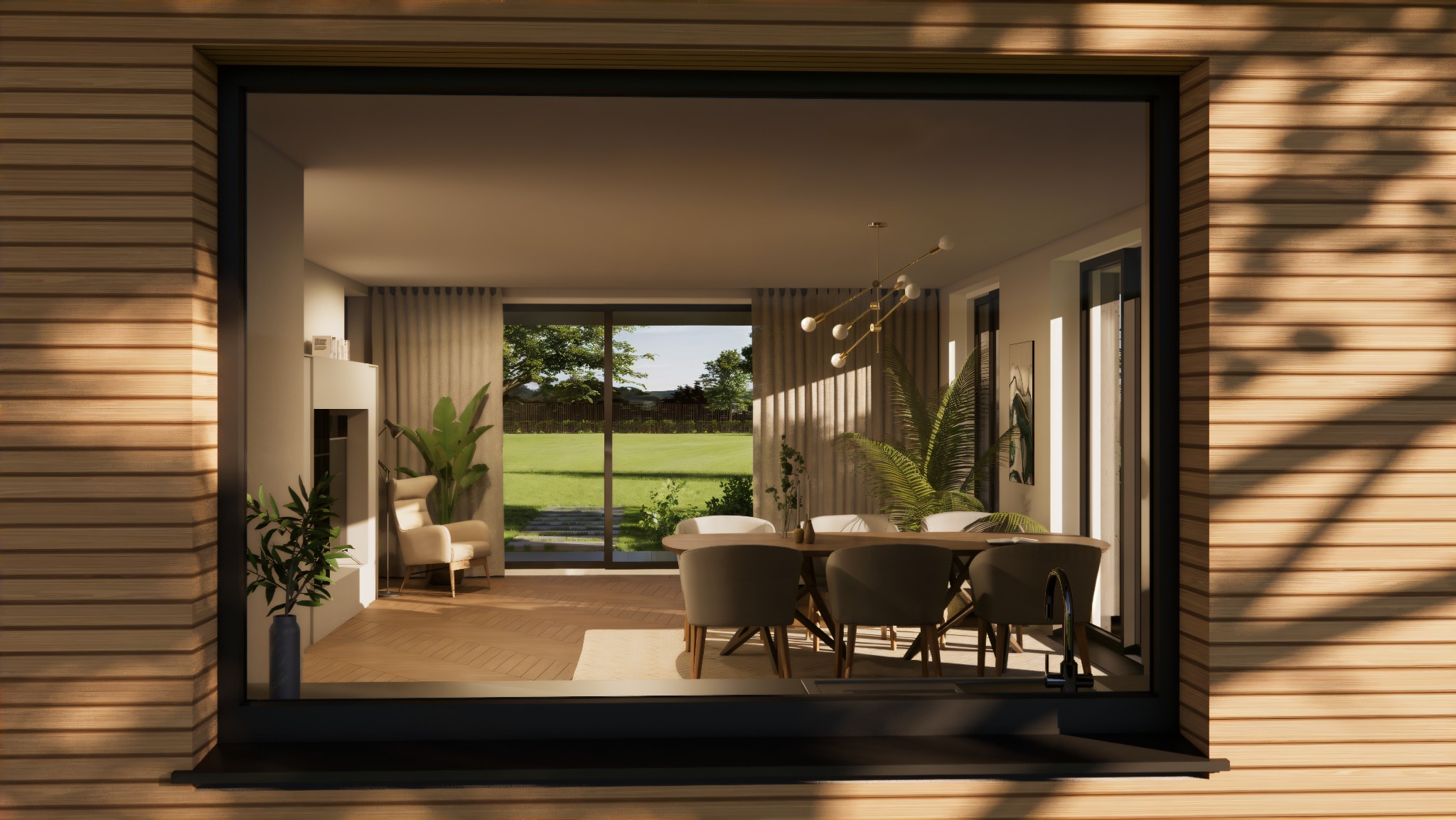 Wnętrze domu z jadalnią widziane z zewnątrz przez okno. Jasne drewniane panele elewacyjne, nowoczesny wystrój, duży ogród w tle. Projekt domu.