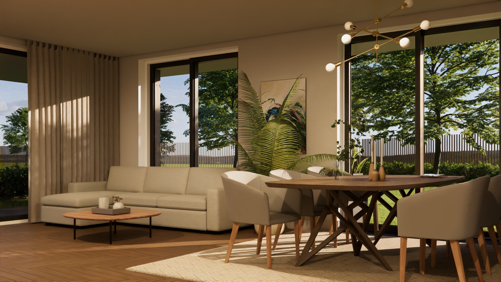 Jasne wnętrze domu z sofą, drewnianym stołem i krzesłami, oświetlone światłem dziennym wpadającym przez duże okna. Widok na zieleń za oknem.