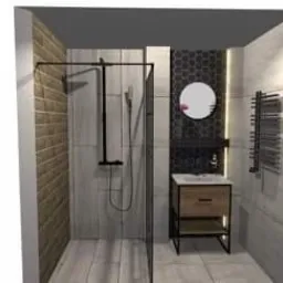 Wizualizacja łazienki w stylu nowoczesnym z kabiną prysznicową typu walk-in z czarnymi profilami, szafką pod umywalkę z drewnianym frontem i okrągłym lustrem podświetlonym LED.