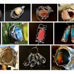 Kolekcja ręcznie robionej biżuterii artystycznej: pierścionki, wisiorki z surowymi kamieniami w srebrnej oprawie, różne kształty i kolory kamieni, zbliżenie na detale.