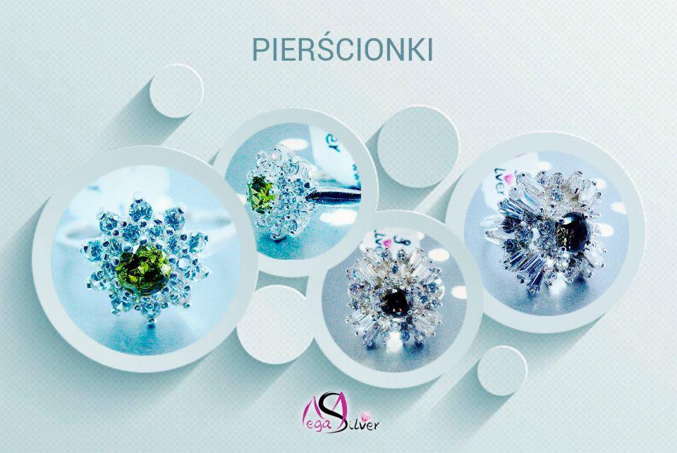 Eleganckie pierścionki z błyszczącymi kamieniami w kształcie kwiatów, prezentowane na jasnym tle z subtelnymi okręgami i logo Mega Silver.