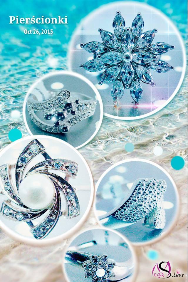Kolaż przedstawiający srebrne pierścionki z cyrkoniami na tle morskiej toni, wykonany w chłodnej, błękitnej kolorystyce z datą 26.10.2015 i logo Mega Silver.