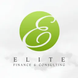 Logo 'Elite Finance & Consulting' z zielonym okręgiem i białą literą 'E' na tle subtelnego, jasnego wzoru przypominającego chmury.