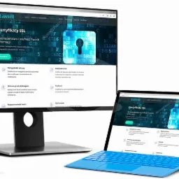 Strona internetowa z ofertą certyfikatów SSL wyświetlana na monitorze, laptopie z niebieską klawiaturą i smartfonie, z widocznym logo firmy Tassel w lewym górnym rogu.