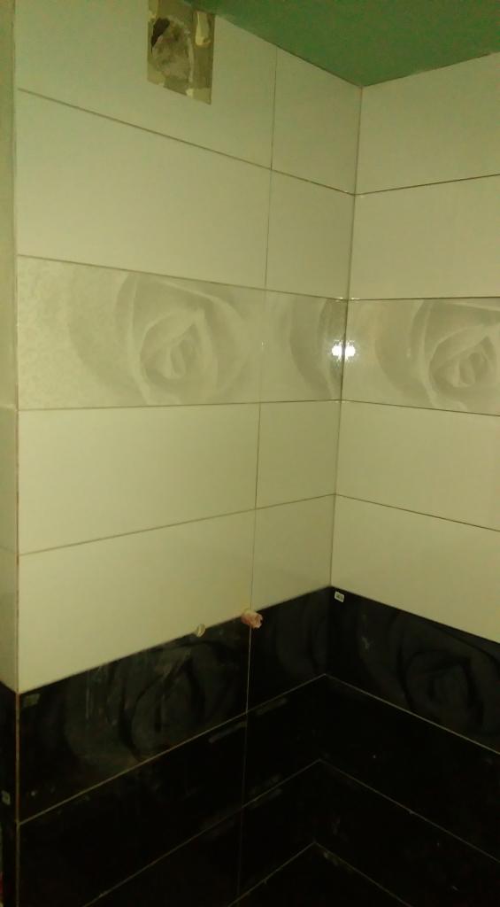 Wykończona łazienka z biało-czarnymi płytkami. Na białych płytkach dekoracyjny motyw kwiatowy. Widoczny fragment sufitu pomalowany na zielono.