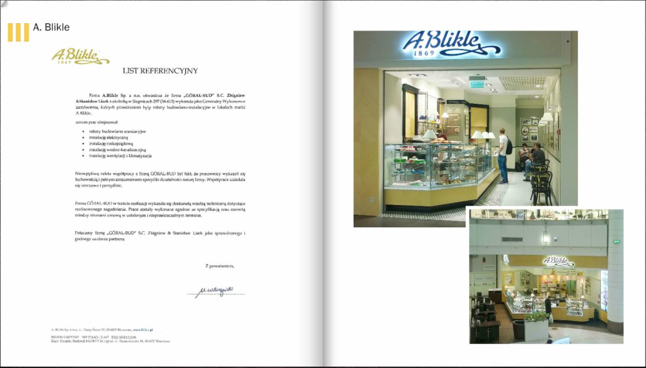 Skan strony z listem referencyjnym dla firmy budowlanej 'GORAL-BUD' od A.Blikle, prezentującym wnętrze cukierni z przeszkloną ladą wypełnioną ciastami i klientami w tle, oraz mniejsze ujęcie tego...