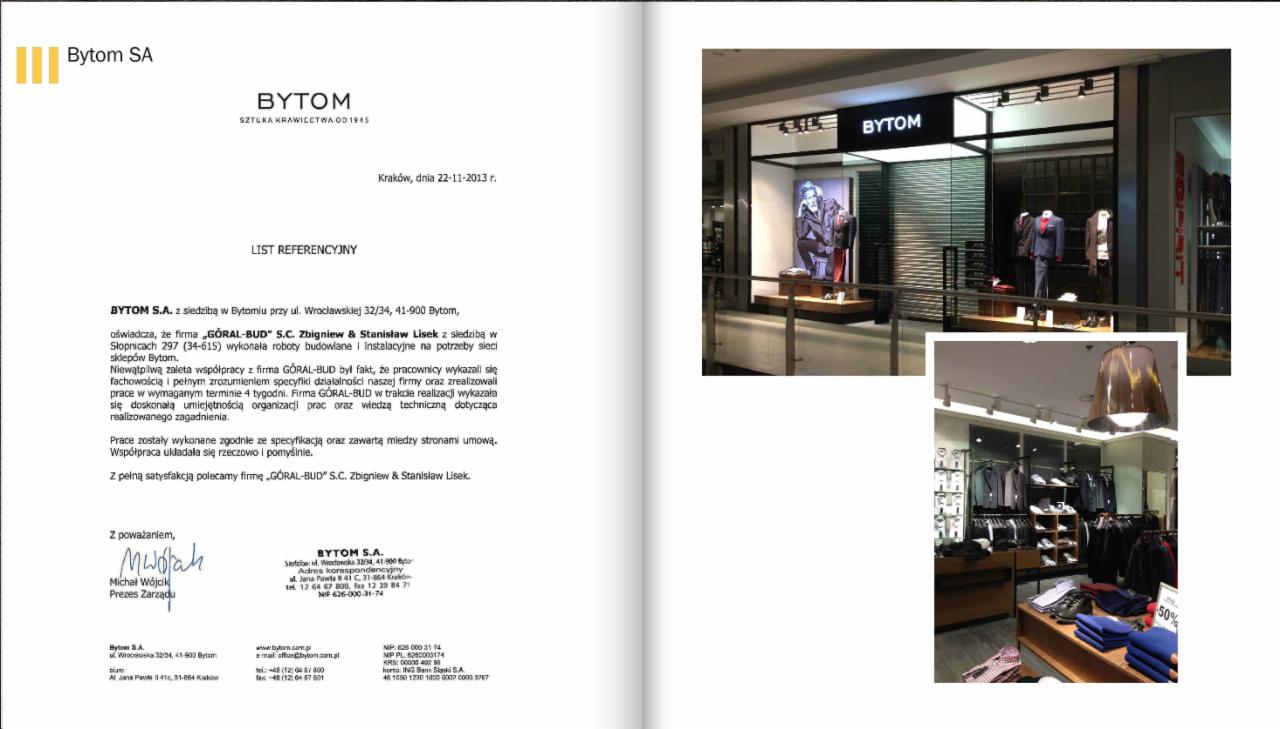 Skan dokumentu referencyjnego dla firmy GÓRAL-BUD S.C. od Bytom S.A. wraz ze zdjęciami wnętrza sklepu Bytom z ekspozycją odzieży męskiej.