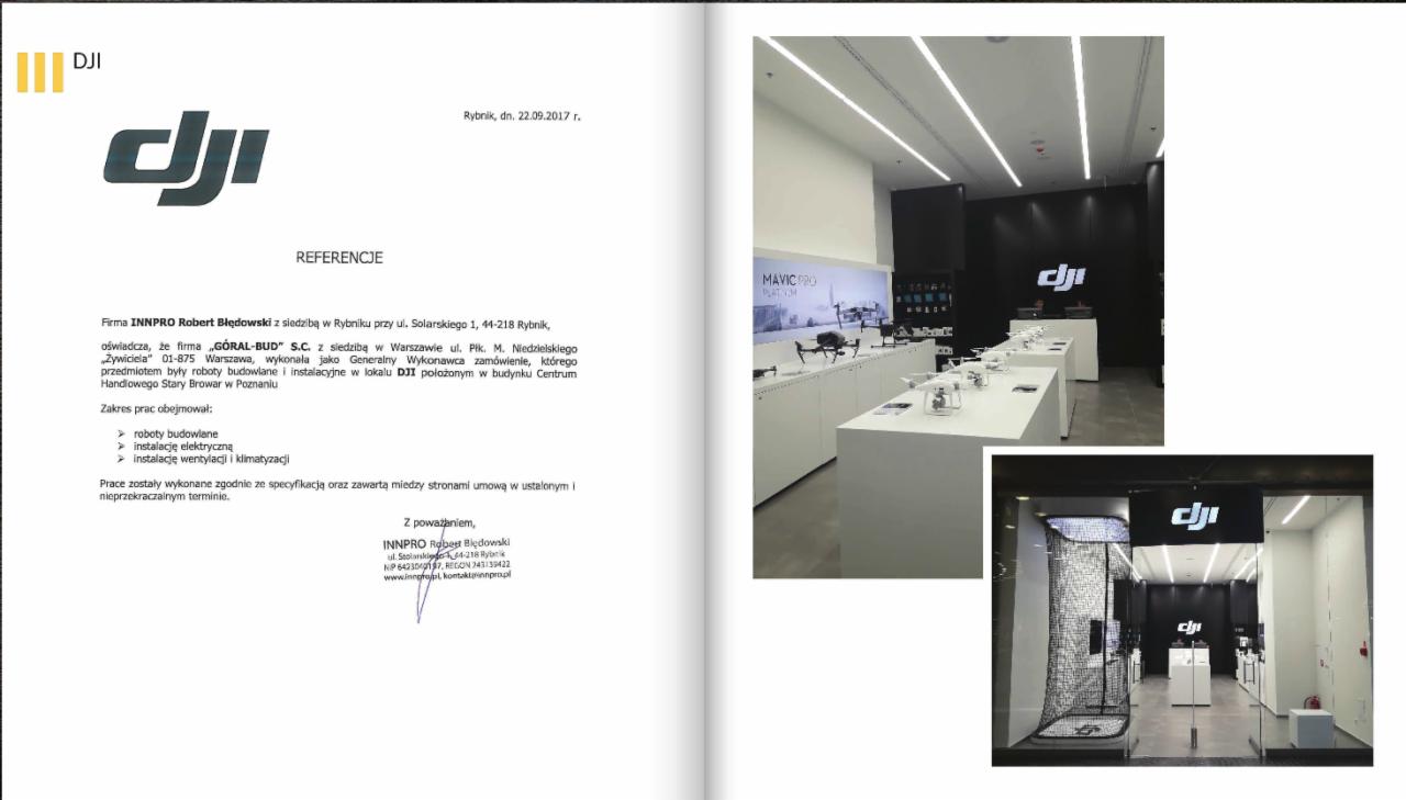 Skan referencji dla firmy INNPRO za roboty budowlane i instalacyjne w lokalu DJI w Centrum Handlowym Stary Browar w Poznaniu, obok zdjęcia wnętrza sklepu DJI z dronami na ekspozycji i widok...