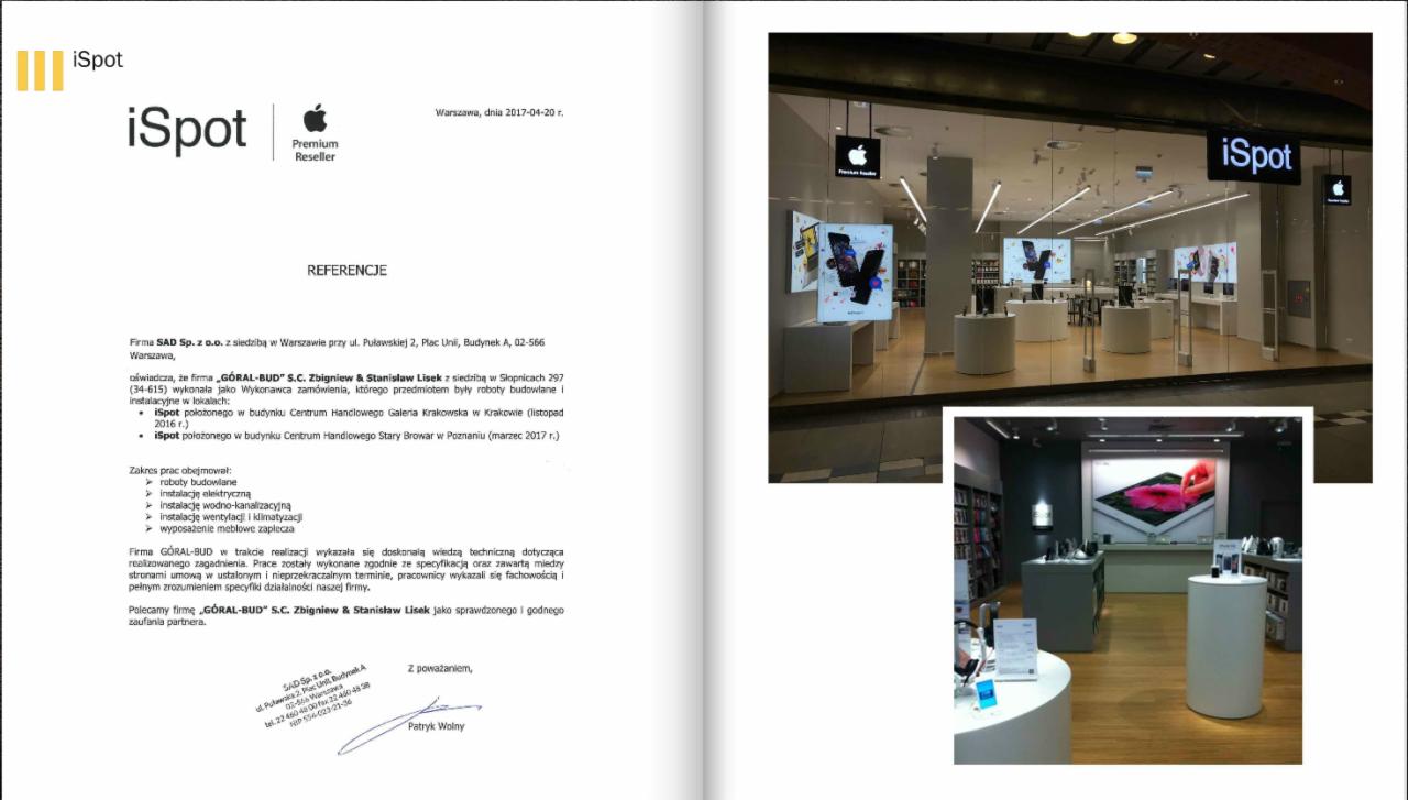 Skan referencji dla firmy GORAL-BUD S.C. za roboty budowlane i instalacyjne wykonane w salonach iSpot, obejmujące instalacje elektryczne, wodno-kanalizacyjne, wentylacji, klimatyzacji...
