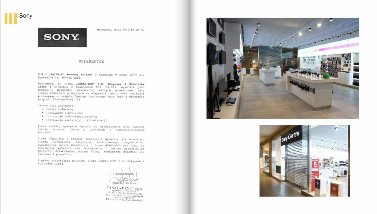 Referencje firmy budowlanej GORAL-BUD dla adaptacji lokalu Sony w Centrum Handlowym Wola Park w Warszawie, widoczne wnętrze sklepu Sony Centre z ekspozycją produktów.