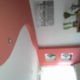 Nowoczesne wnętrze: biało-łososiowa ściana z wnękami, oświetlenie punktowe, obraz i regał z książkami. Nietypowe ujęcie z dołu.