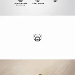 Prezentacja identyfikacji wizualnej 'Dom z Misiem' obejmująca butelkę, pendrive'y z logo, warianty logo na białym tle oraz logo wygrawerowane na drewnie i umieszczone w scenerii leśnej.