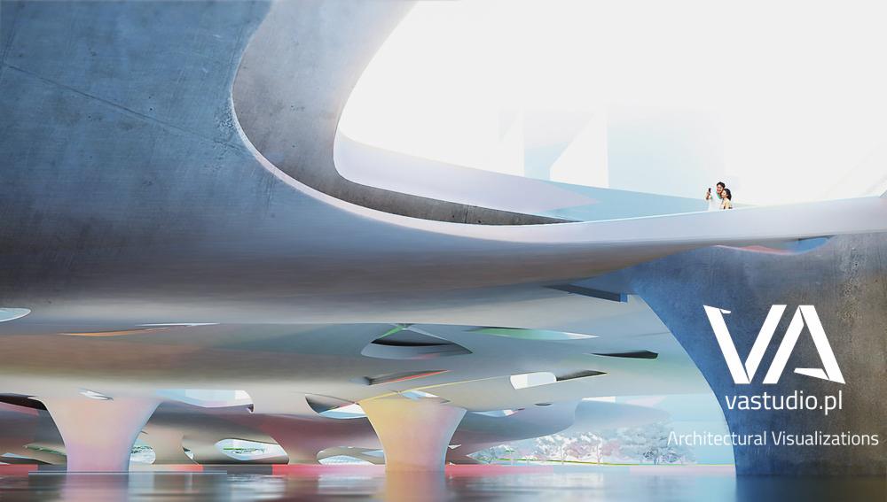 Wizualizacja wnętrza budynku usługowego z futurystyczną architekturą i osobami na górnym poziomie. Widoczne logo firmy projektowej.