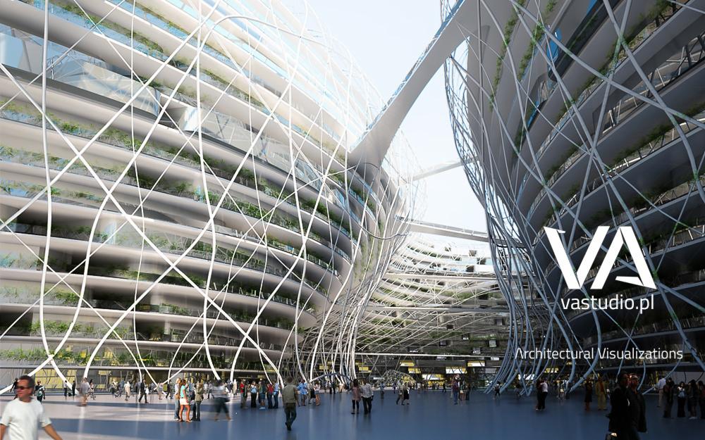 Wizualizacja futurystycznego budynku z zielenią na balkonach, połączonego mostami. Widoczni ludzie w przestrzeni publicznej. Logo firmy VA studio w prawym dolnym rogu.