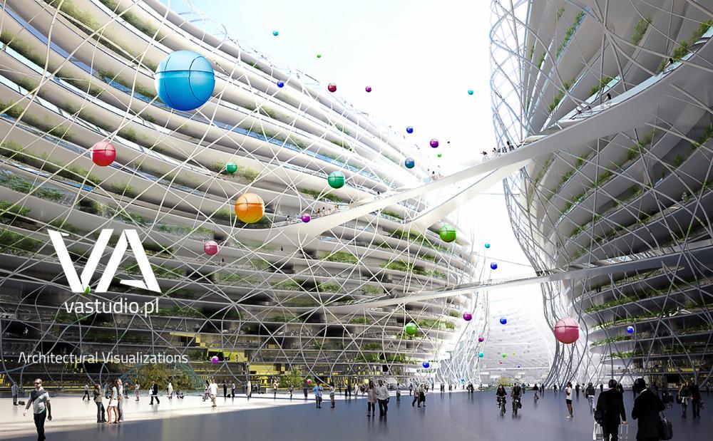 Futurystyczna wizualizacja architektoniczna budynku z zielenią, połączonego mostami, z sylwetkami ludzi w przestrzeni publicznej. Logo VAstudio.pl w lewym dolnym rogu.