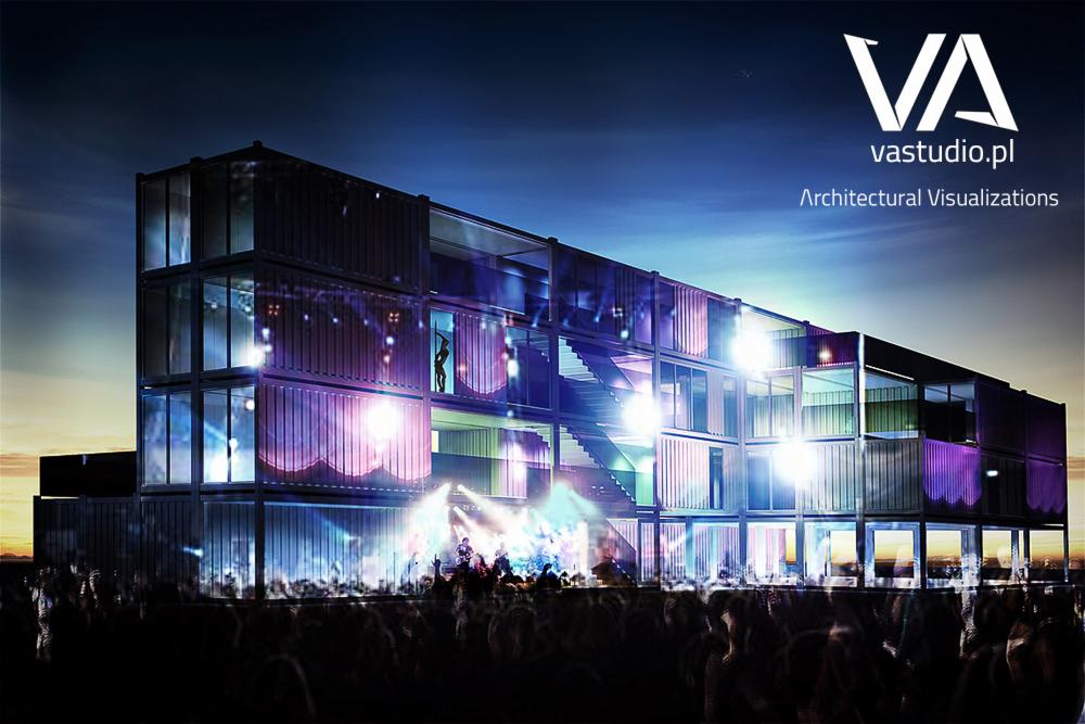 Wizualizacja budynku modułowego z kontenerów, oświetlonego scenicznie, z widoczną publicznością. Logo VAstudio.pl w prawym górnym rogu. Architektoniczna wizualizacja.
