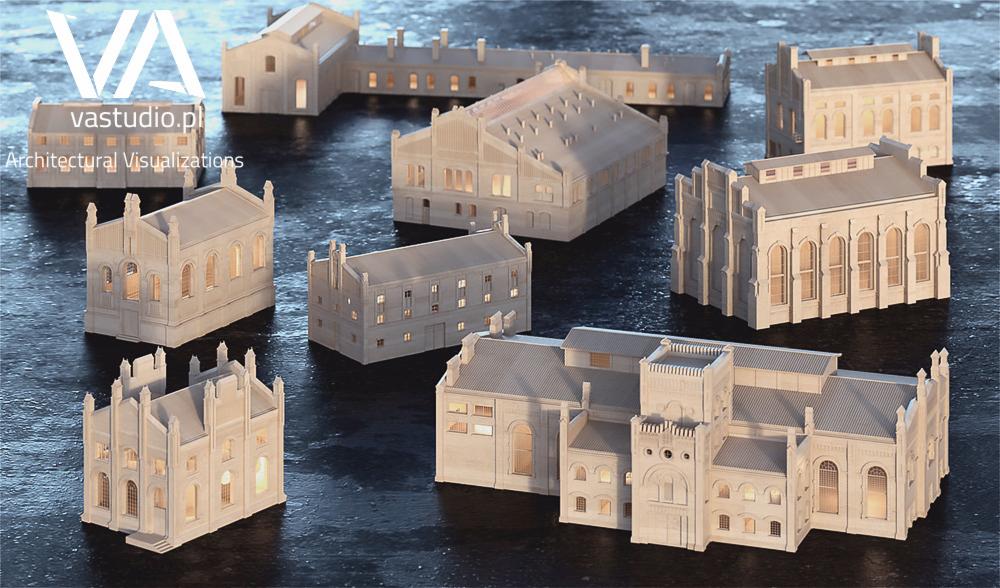 Architektoniczne modele budynków z delikatnym oświetleniem okien, prezentowane na błyszczącej powierzchni, tworzą unikalną wizualizację detali i form.