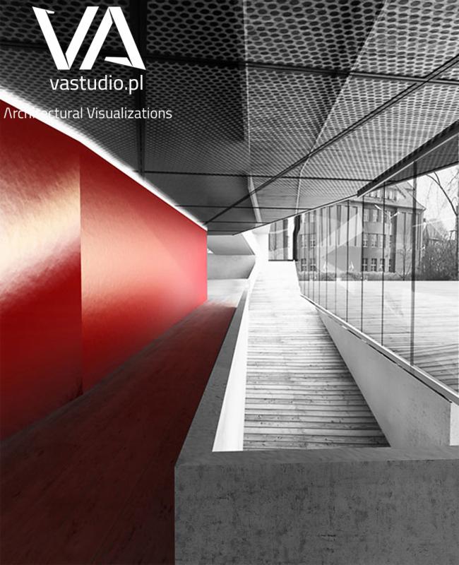 Wizualizacja architektoniczna nowoczesnego budynku z czerwonym akcentem kolorystycznym i perforowanym sufitem, prezentująca schody i przeszkloną fasadę.