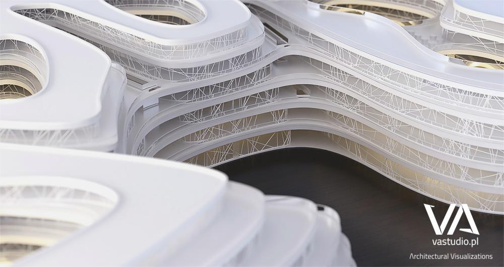 Wizualizacja architektoniczna: futurystyczny, biały budynek usługowy z zaokrąglonymi elementami i siatką konstrukcyjną. Widoczny fragment logotypu firmy.